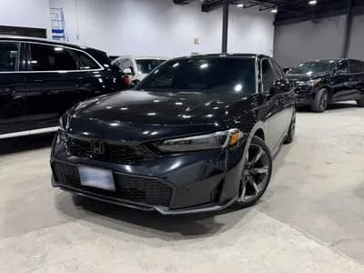 Certified, non-smoker 2025 Honda Civic Sport Touring Hybrid in Black with Black interior, front exterior view