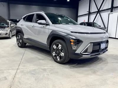 Certified, garage kept, non-smoker 2025 Hyundai Kona Preferred w/Trend 4D Utility AWD in Gray with Black interior, front three quarter view